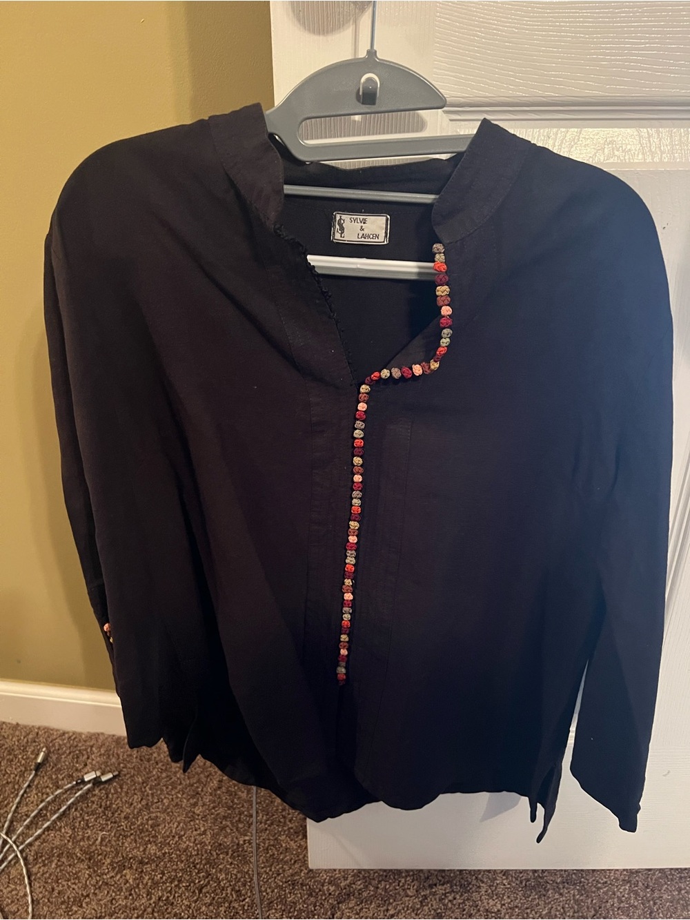 Black Long-Sleeve Tunic with Multicolor Beaded Trim